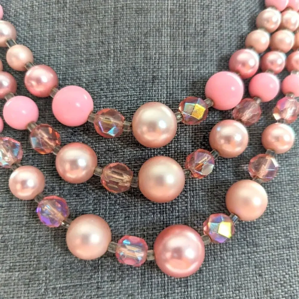 Vintage Japan Bubble Gum Barbie Pink AB Crystal Triple Strand Necklace